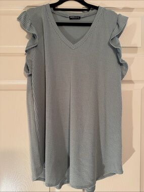 HEIMISH USA Sage Urban Ribbed V-Neck Top with Ruffle Sleeves